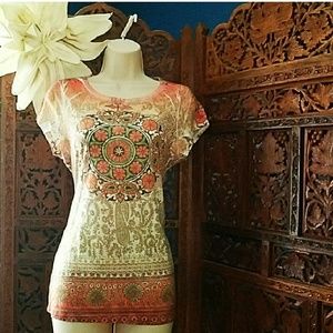 Bohemian hippie orange flower medallion shirt Lg